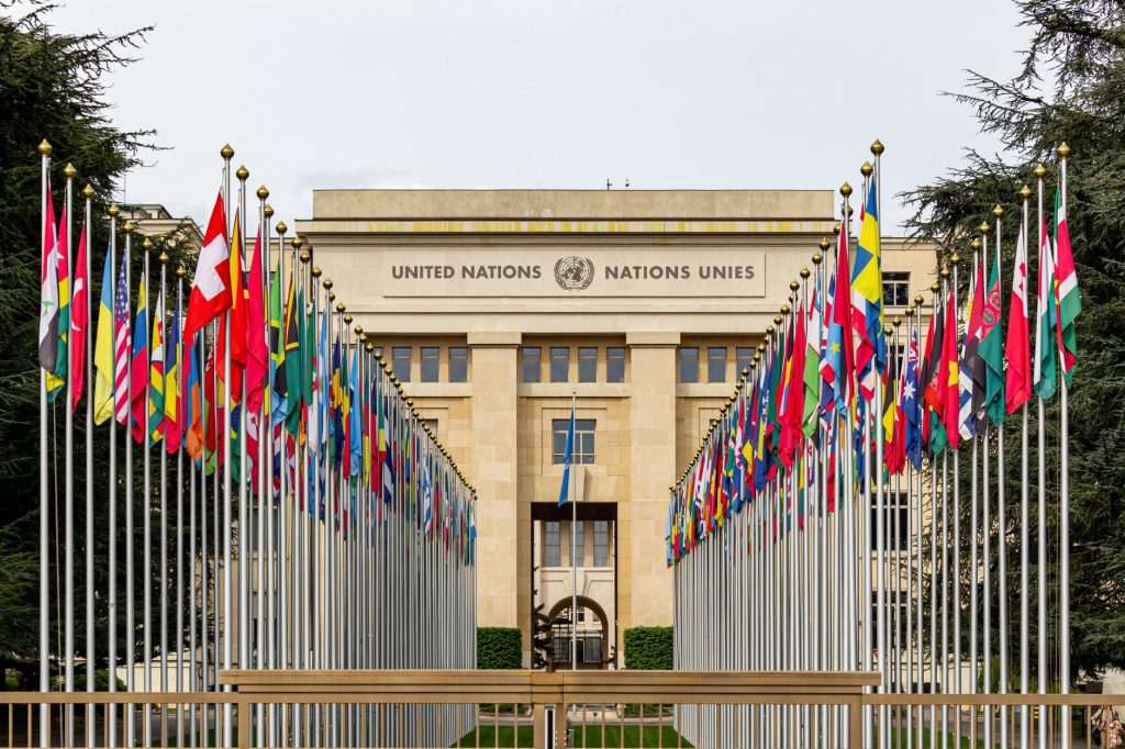 Drapeaux des États membres devant un siège des Nations unies