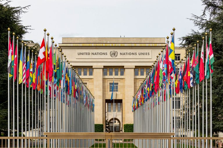 Drapeaux des États membres devant un siège des Nations unies